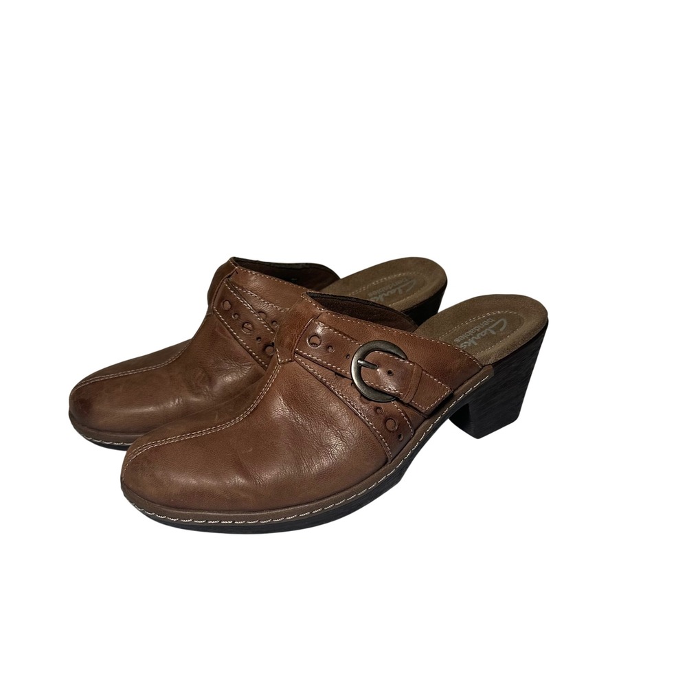 Clarks Bendables Womens 8 Clogs Shoes Mule Brown Leather Slip On Casual Heels
